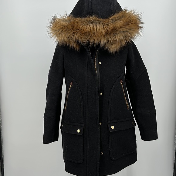 J. Crew Chateau parka jacket zip Coat Black Wool 0 petite - Picture 2 of 9